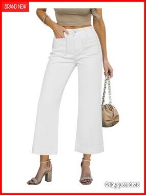 High Waisted Wide Leg Cropped Jeans with Pockets Stretchy Denim Front Patch
